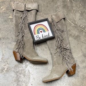 Sam Edelman Over the Knee Fringe Boots - Gray